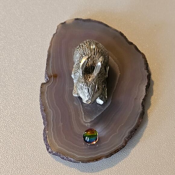 Vintage Pewter Bunny on Agate Slice Crystal with Rainbow Orb - Picture 3 of 7